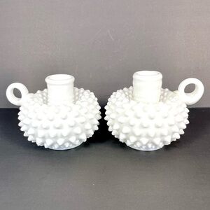 Vintage Fenton Hobnail Milk Glass Finger Loop Candlestick Holders Pair